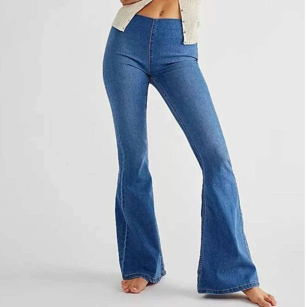 Free People Penny Pull On‎ Flare Jeans Medium Wash Blue High Rise Bell Bottom 27 - Picture 2 of 13